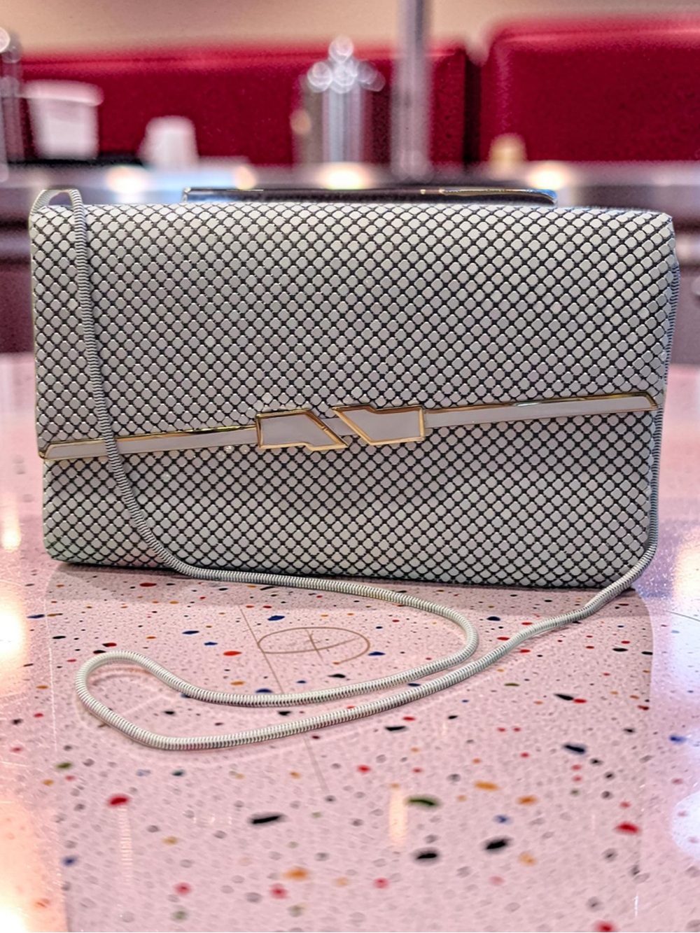 Mesh metal purse - White & Gold Clutch Vintage 1980's Whiting & Davis